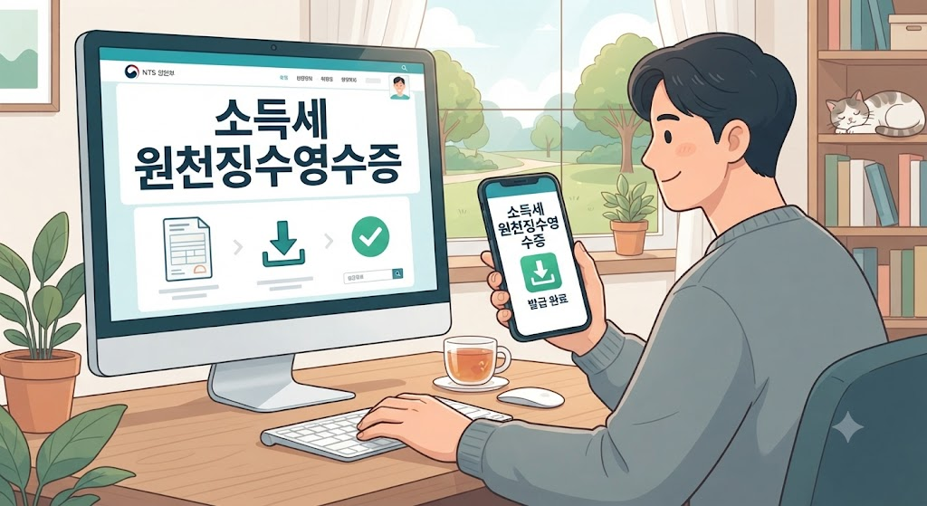 컴퓨터와 스마트폰으로 소득세 원천징수영수증을 발급하는 모습입니다. 모니터와 화면 속 완료 아이콘이 편리한 업무 환경을 나타내며, 주변 화분과 찻잔이 따뜻하고 평화로운 재택근무 분위기를 연출합니다.