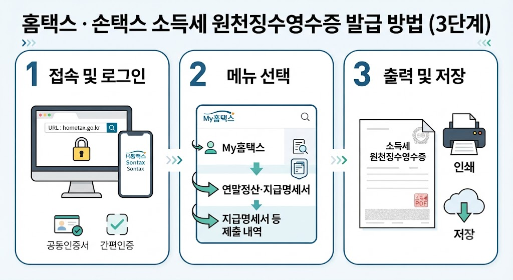 국세청 홈택스 웹사이트와 손택스 모바일 앱을 사용하여 소득세 원천징수영수증을 3단계(접속 및 로그인, 간편인증, 지급명세서 조회)로 발급받는 방법을 요약한 안내 이미지