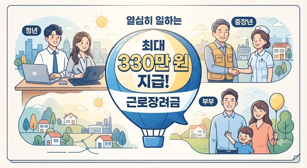 열심히 일하는 청년, 중장년, 부부의 모습을 담은 일러스트와 최대 330만 원 근로장려금 지급 정보