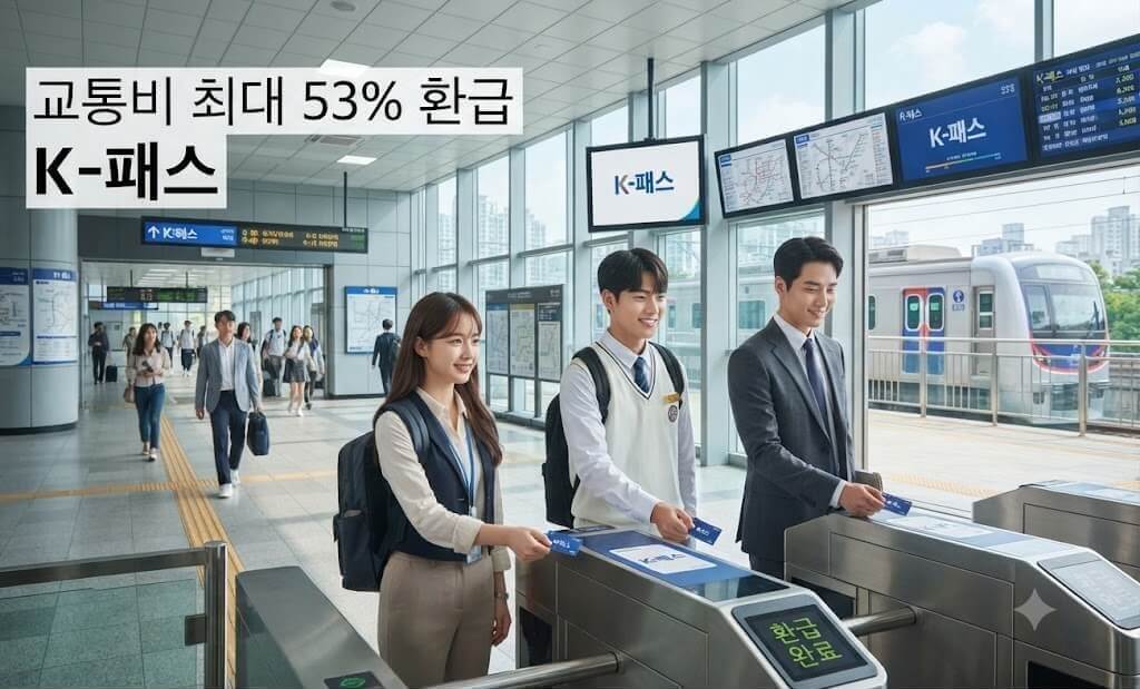 지하철역 개찰구에서 세 명의 승객이 K-패스 카드를 태그하고 있으며, 단말기 화면에 환급 완료 메시지가 떠 있다. 배경으로 교통비 최대 53% 환급 홍보판과 지하철 열차가 보인다
