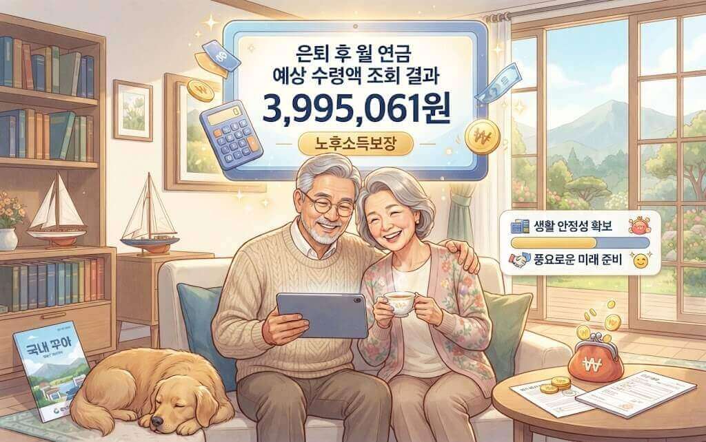 3,995,061원의 예상 은퇴 연금 수령액을 확인하고 기뻐하는 행복한 노부부의 일러스트