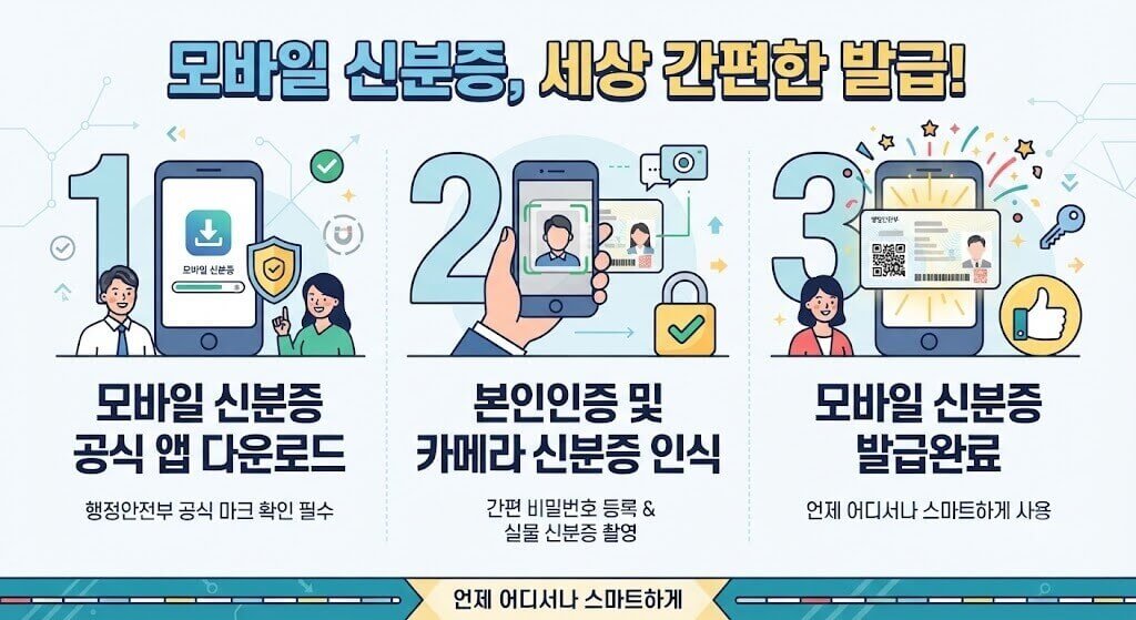 모바일 신분증 3단계 발급 절차 요약 인포그래픽 (공식 앱 다운로드, 본인인증 및 신분증 인식, 발급 완료)
