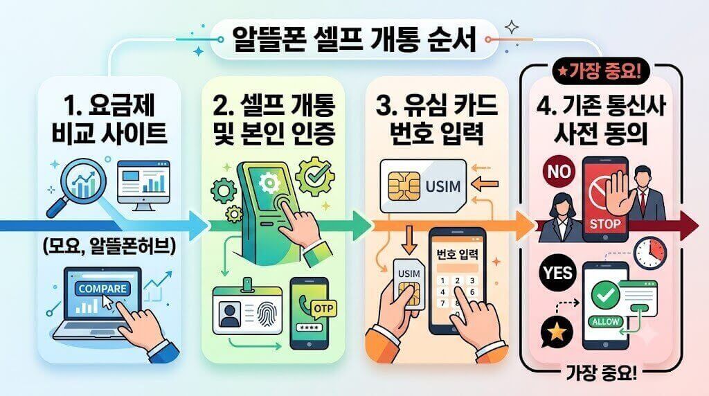 알뜰폰 셀프 개통 4단계 순서 인포그래픽: 1단계 요금제 비교 사이트, 2단계 셀프 개통 및 본인 인증, 3단계 유심 카드 번호 입력, 4단계 기존 통신사 사전 동의