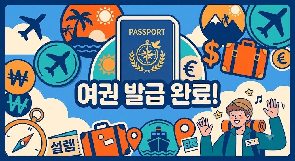 여권 발급 완료! 문구와 함께 여권, 비행기, 여행 가방, 지구본, 환전 아이콘 및 여행을 떠나는 사람의 설레는 모습을 아기자기한 일러스트로 표현한 여행 테마 이미지