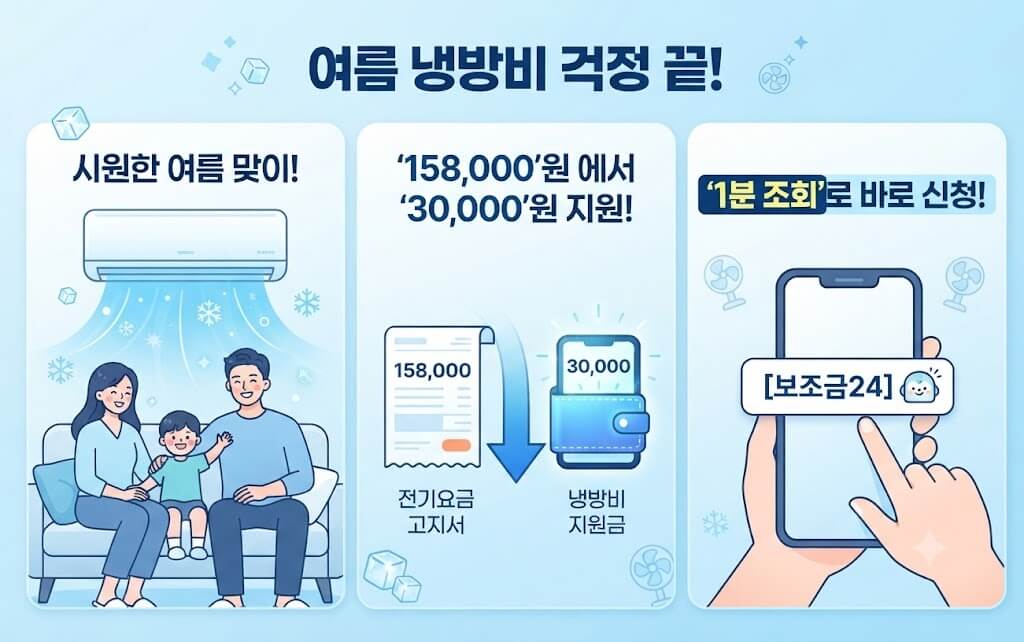여름 냉방비 지원금 정보를 안내하는 인포그래픽. 에어컨 아래 시원한 가족, 전기요금 158,000원에서 30,000원 지원으로 변경되는 과정, 보조금24를 통해 1분 만에 조회하는 방법이 포함되어 있음