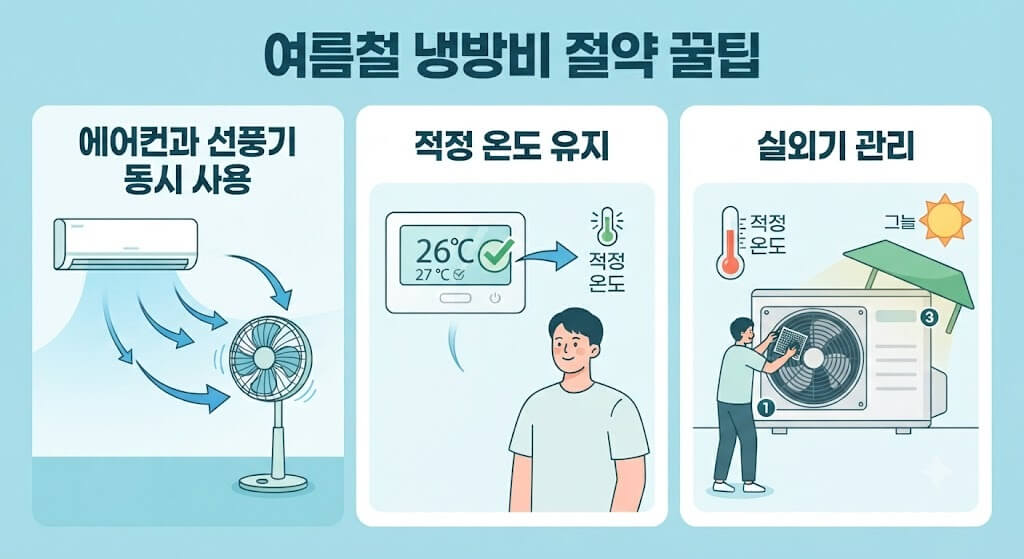 여름철 냉방비 절약을 위해 에어컨과 선풍기 동시 사용, 적정 온도(26°C) 유지, 실외기 그늘막 설치 및 청소를 권장하는 인포그래픽