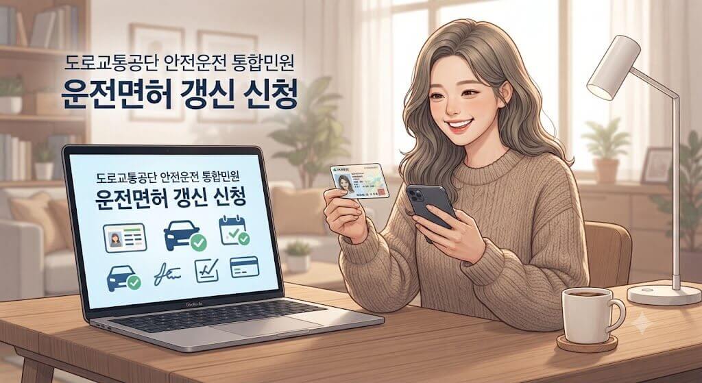 집에서 편안하게 PC와 스마트폰으로 도로교통공단 안전운전 통합민원 사이트에 접속해 운전면허 갱신을 신청하고 기뻐하는 30대 여성