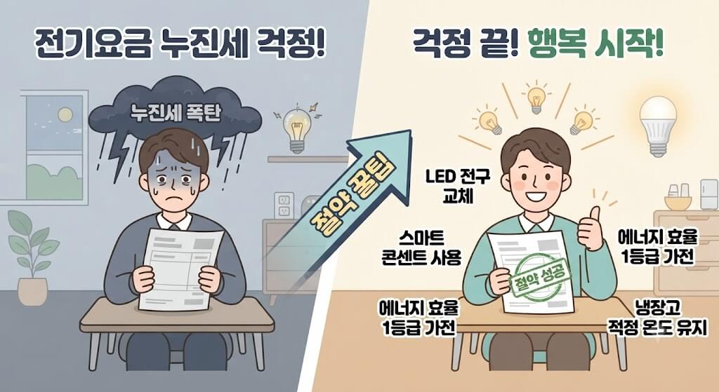 전기요금 누진세 폭탄 걱정에 시달리던 사람이 대기전력 차단, LED 조명 교체 등 전기 절약 꿀팁을 실천한 뒤 요금 고지서를 보며 웃음 짓는 일러스트
