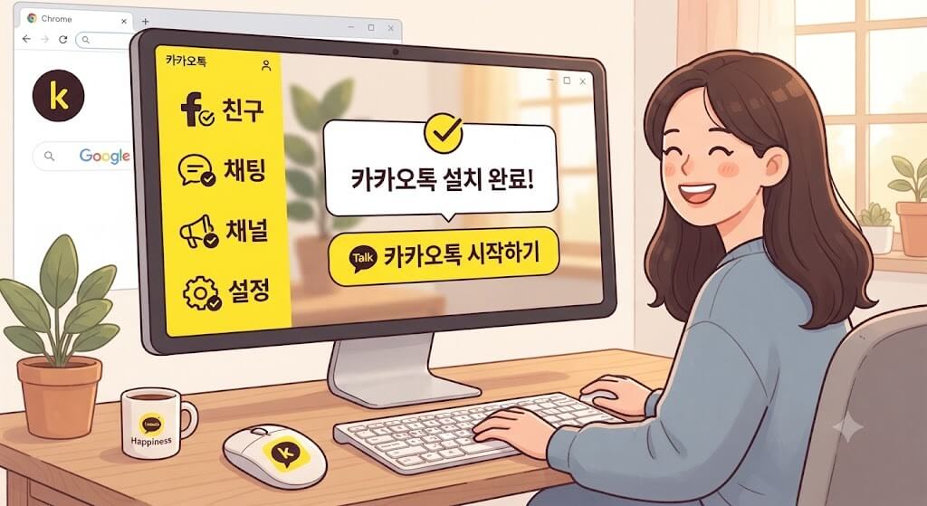 카카오톡 PC 버전 설치 완료 화면을 보며 만족스러워하는 모습이 담긴 일러스트