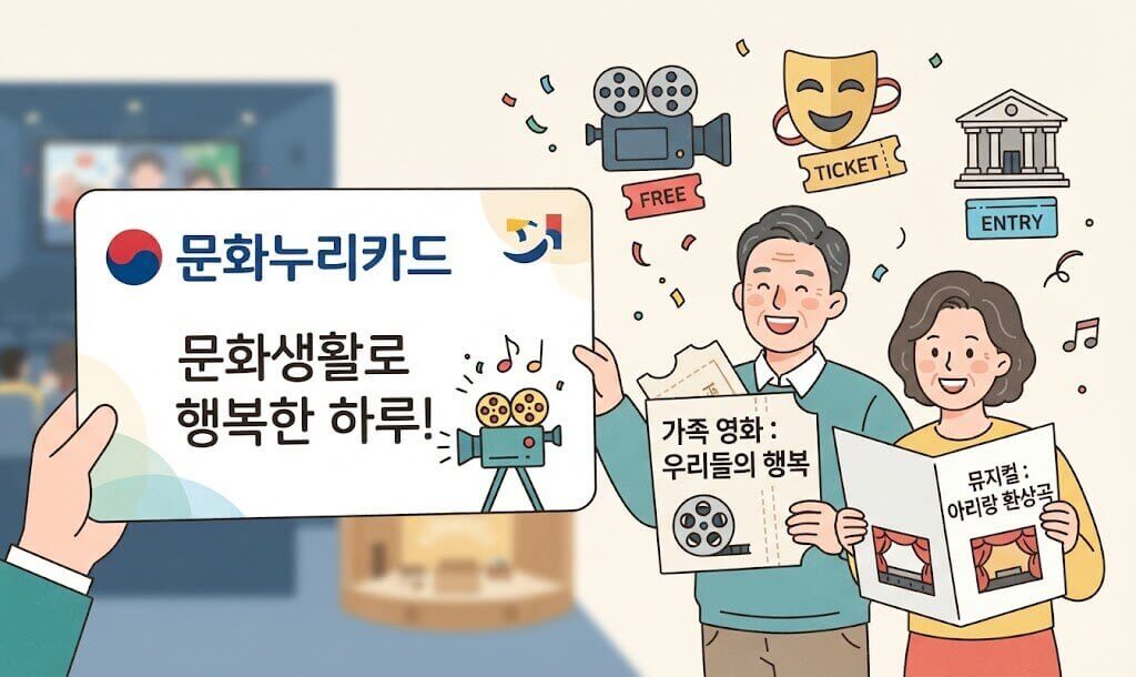 50~60대 부모님 연령대의 부부가 문화누리카드와 영화 티켓, 공연 팸플릿을 들고 즐거워하는 일러스트 이미지