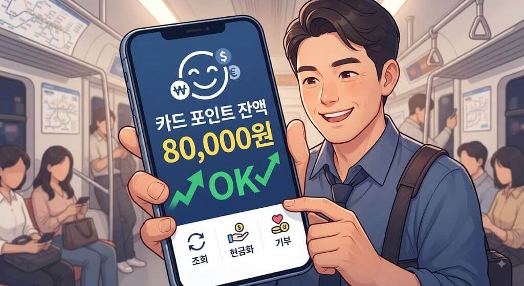 퇴근길 지하철 안에서 스마트폰 화면 속 카드 포인트 80,000원 잔액을 확인하고 만족스러운 표정을 짓고 있는 남자의 일러스트