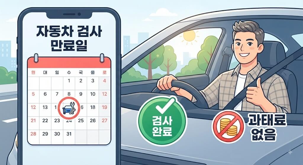 자동차 정기검사 만료일 캘린더와 검사 완료된 차량을 운전하는 남성