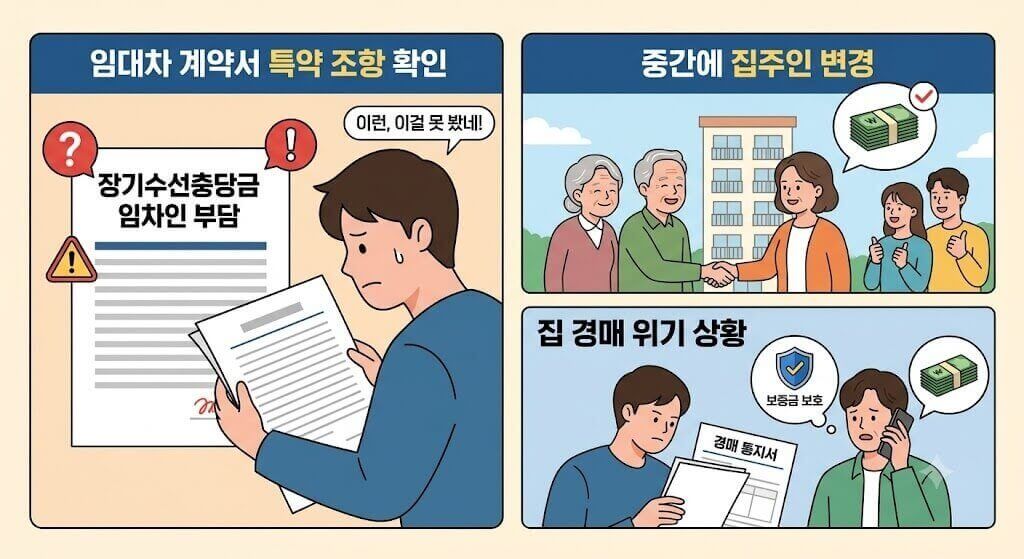 임대차 계약서 특약 조항 확인, 이사 중 집주인 변경, 집 경매 위기 등 장기수선충당금 환급 시 주의해야 할 세 가지 예외 상황을 설명하는 일러스트