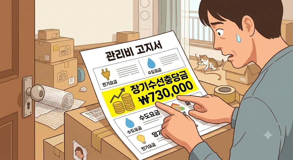 이사 상자가 쌓인 거실에서 관리비 고지서 속 장기수선충당금 항목을 확인하는 일러스트