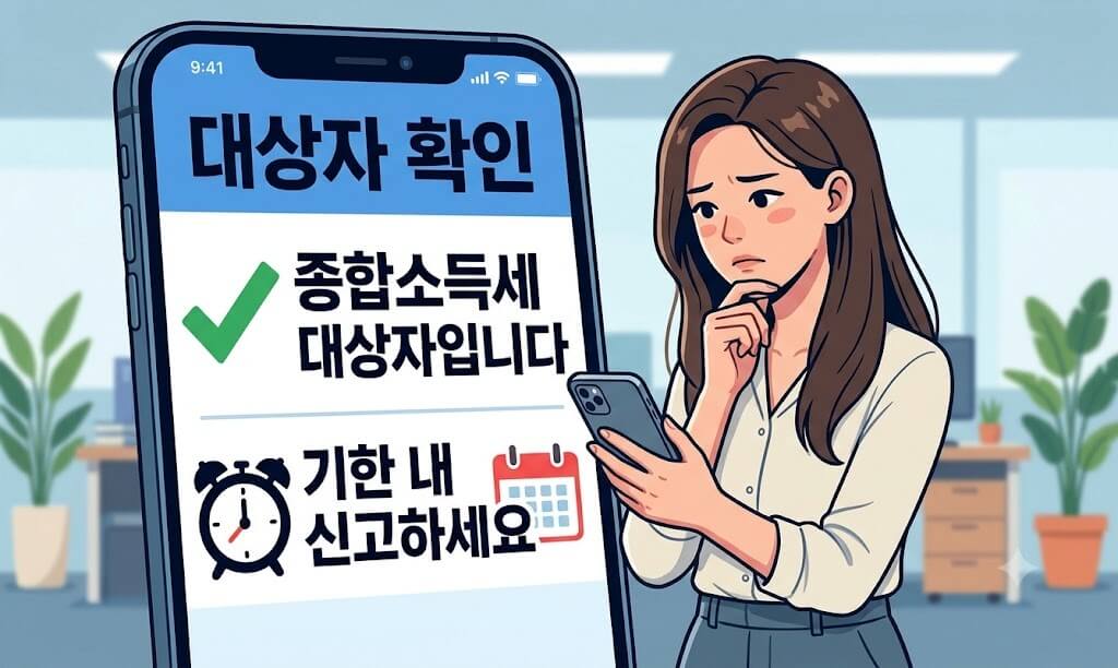 손택스 앱의 종합소득세 대상자 확인 화면을 보며 고민하는 30대 여성 직장인 일러스트
