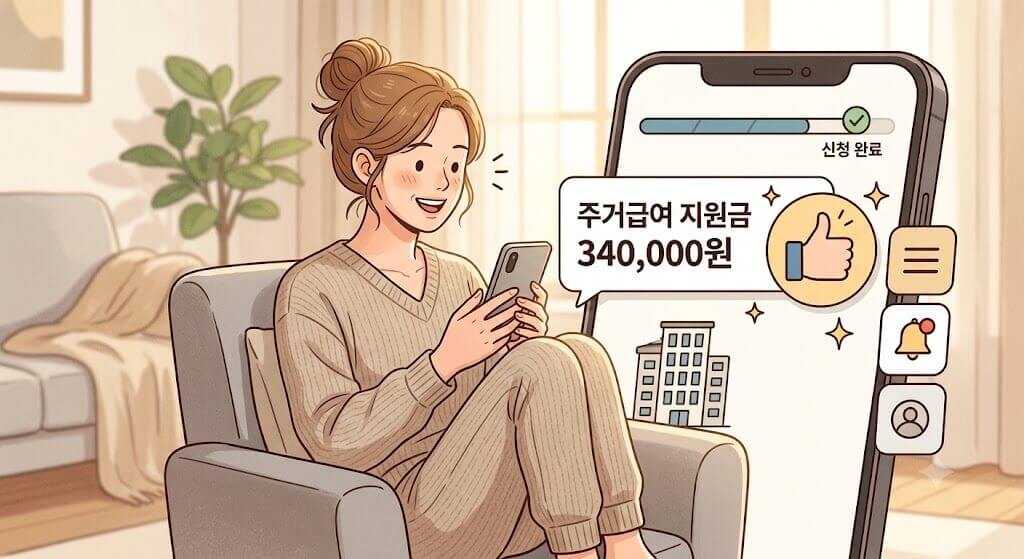 복지로 앱을 통해 주거급여 신청 완료 화면을 확인하는 모습 일러스트