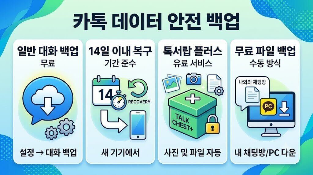 카카오톡 대화 및 파일 백업 4가지 방법 안내: 일반 대화 백업, 톡서랍 플러스, 무료 파일 다운로드 방법