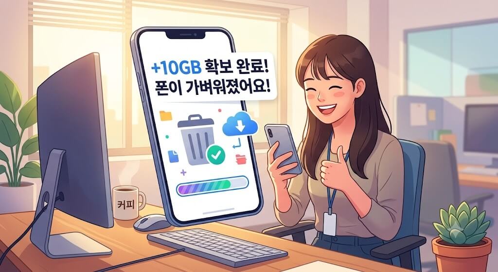 회사 책상에서 스마트폰으로 용량을 정리하여 10GB 공간을 확보하고 만족해하는 여성 직장인 일러스트